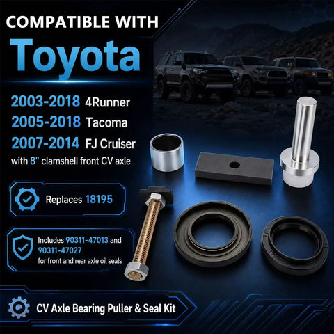 Front CV Axle Bearing Puller And Seal Installer Tool Kit includes various components, compatible with 2003-2018 Toyota models.
