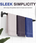 Matte Black 24 Inch Wall Mounted Towel Rack With Rustproof Aluminum Construction holding three towels against tiled wall
