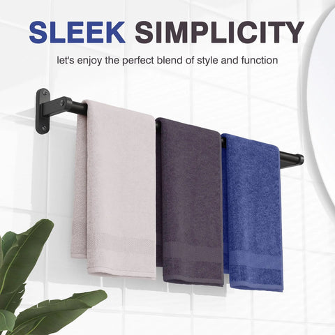 Matte Black 24 Inch Wall Mounted Towel Rack With Rustproof Aluminum Construction holding three towels against tiled wall