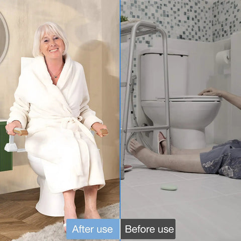 Rock Solid Heavy Duty Foldable Toilet Safety Rails For Seniors With Comfort Grip Armrests Handicap Bathroom Assist Bars Up To Five Hundred Twenty Lbs Easy Peasy Setup, showing safe seated and fallen position.