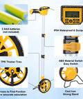 Sleek Digital Readout Distance Measuring Wheel With Heavy Duty Steel Roller And Crisp Backlit Display For Dead On Measurements and features including thicker tires and IP54 rating.