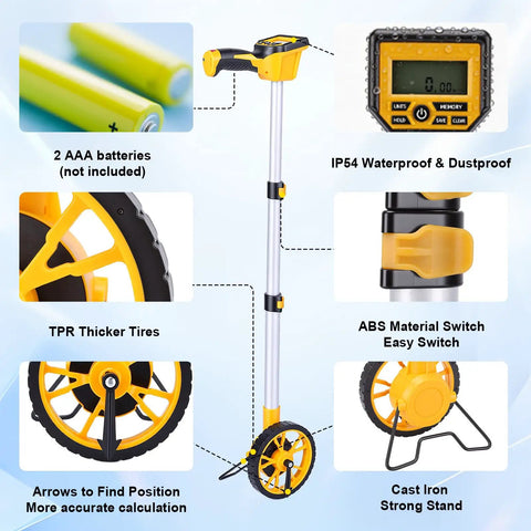 Sleek Digital Readout Distance Measuring Wheel With Heavy Duty Steel Roller And Crisp Backlit Display For Dead On Measurements and features including thicker tires and IP54 rating.