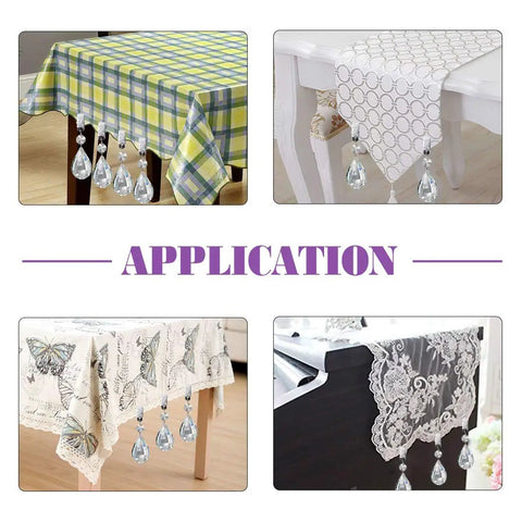 Four tablecloths with marquise crystal teardrop tablecloth weights with 10 piece stainless clip kit for outdoor picnics and patio parties easy clip on prisms to keep tablecloth from blowing in the wind shown in different settings.
