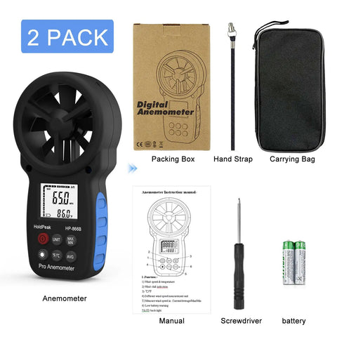 Handheld Anemometer With Digital Wind Speed Gauge And Temperature Readout, Real Time Wind Velocity Meter For CFM Calculations, Pro Grade, Great For HVAC, Outdoor Sailing, Shooting, And Golf 2-pack with case, strap, manual, screwdriver, batteries