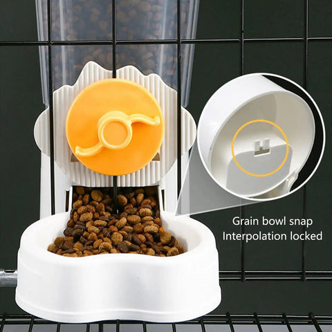 Hassle Free No Sweat Automatic Pet Water Dispenser And Food Feeder Combo with orange knob and white bowl filled with kibble.