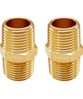 Two Piece Quarter Inch Solid Brass Npt Male Hex Nipple Pipe Fitting Shop Grade Forged Body for plumbing and DIY projects.