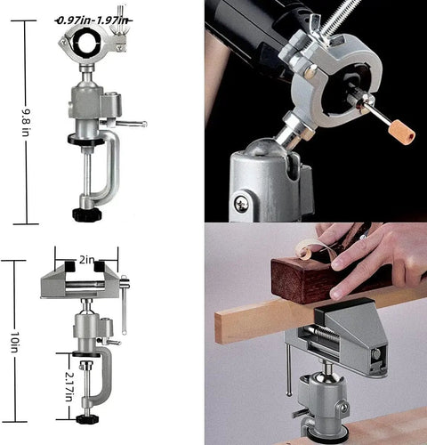 Two In One Universal Rotate 360 Degree Clamp On Vise With Drill And Grinder Holder for woodworking, DIY projects, home shop use.