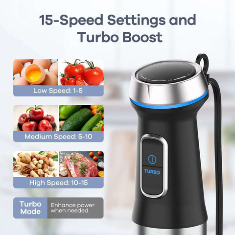 Heavy Duty 6 In 1 Handheld Immersion Blender With 1100w Copper Motor showing 15-speed settings and Turbo Boost feature.