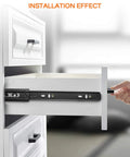 Beefy 12 Inch Drawer Slides Triple Pack installed in wooden dresser, showcasing smooth gliding and heavy-duty side mount rails.