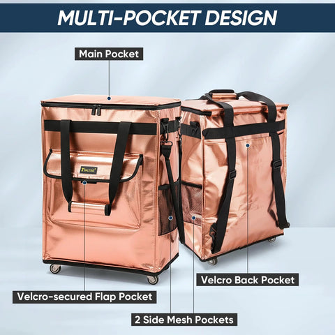 Reusable Grocery Bags On Wheels Rolling Tote Bag With Large Capacity And Durable Double Layer PP Material For Easy Cleaning, highlighting multi-pocket design and trolley backpack style, in black, 16x11.5x23.5 inches.