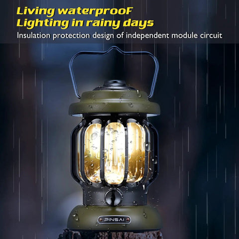 Led Camping Lantern With Rechargeable Battery And Retro Metal Construction shown lit in rainy outdoor setting