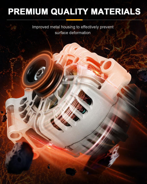 Premium metal drop-in alternator replacement for Ford Fiesta 2011-2019, showcasing robust design for reliable battery charging.