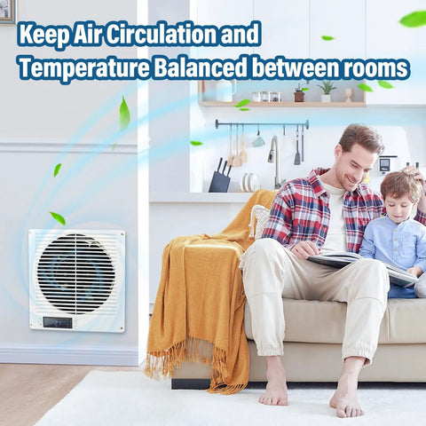 8 Inch In Wall Vent Fan For Room To Room Air Transfer, 10 Speed Remote Control, installed in a living room wall.