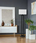 58 Inch Floor Lamp In Matte Black Finish With White Linen Rectangular Shade, Modern Geometric Cutout Design, sleek in living room