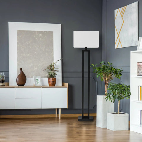 58 Inch Floor Lamp In Matte Black Finish With White Linen Rectangular Shade, Modern Geometric Cutout Design, sleek in living room