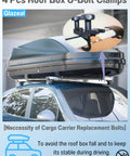 Car with Four Pack Roof Box U Bolt Clamps Set With Eight Lock Nuts And Two Straps, 82mm Inside Width, securing cargo.
