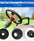Slick Black Steering Wheel Adapter For EZGO TXT And RXV Golf Carts shown installed steering column, highlighting mounting details.
