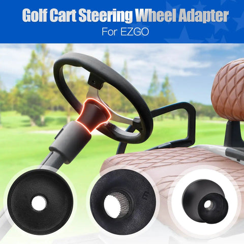 Slick Black Steering Wheel Adapter For EZGO TXT And RXV Golf Carts shown installed steering column, highlighting mounting details.