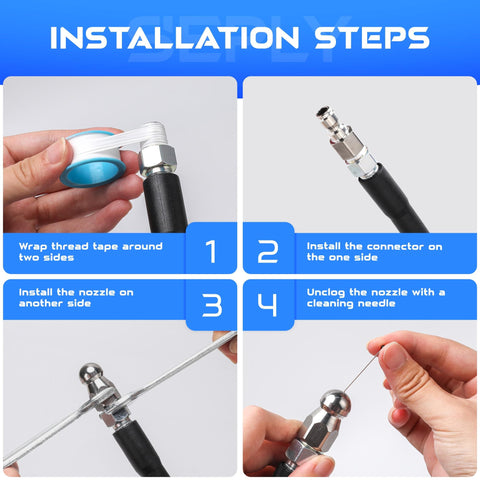 Installation steps for Heavy Duty Sewer Jetter Kit For Pressure Washer With Fifty Foot Drain Cleaning Hose And Gun Includes Button Nose And Rotating Nozzles Corner Nozzle M22 Adapters Quarter Inch Quick Connect Perfect For Clearing Stubborn Clogs Like A Pro.
