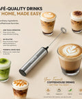 Rechargeable Milk Frother On The Go 2 Speed Portable Travel Frother Electric Milk Foamer for Latte Cappuccino Hot Chocolate with USB Cable Included and Double Mini Whisks displayed with coffee drinks.