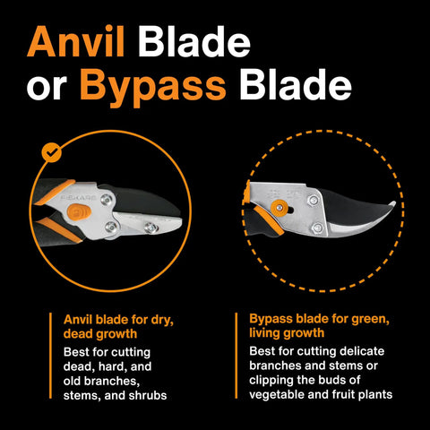 Comparison of anvil and bypass blades for Power-Lever Anvil Pruner, 5/8-Inch Cut Capacity, Heavy-Duty Branch Cutter For Dry Dead Stems And Small Branches
