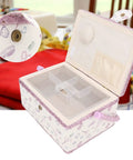 Grab And Go Removable Tray Sewing Basket With Handles For Quilting And Crafts, Vintage Style Needle And Thread Organizer, open lid showing compartments and fabric lining