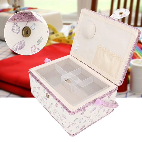 Grab And Go Removable Tray Sewing Basket With Handles For Quilting And Crafts, Vintage Style Needle And Thread Organizer, open lid showing compartments and fabric lining