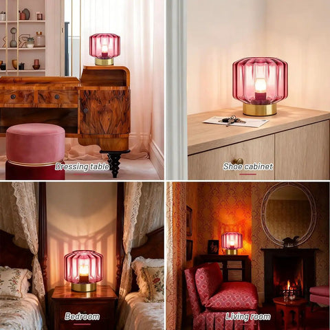 Mid Century Modern Table Lamp With Globe Smoke Grey Ribbed Glass Shade Gold Finish Dope Desk Nightstand Light in bedroom and living room settings