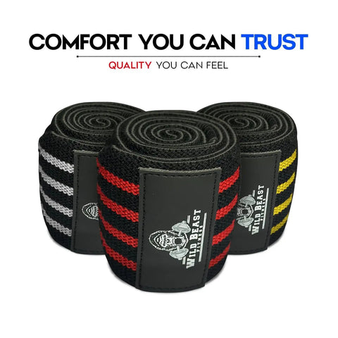 41 Inch Elbow Wraps For Weightlifting For Lifters Pair With Stretchable Breathable Compression Strap shown in three colors
