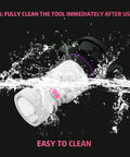Pink Cordless HVLP Paint Sprayer Kit showcasing easy-to-clean feature with water splash effect on removable parts