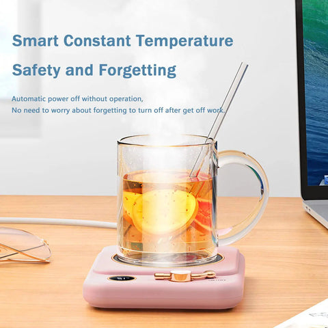 Smart Electric Mug Warmer With Three Heat Modes And Automatic Shutoff Keeps Your Daily Brew Piping Hot Without The Burn on a desk with heated glass mug.