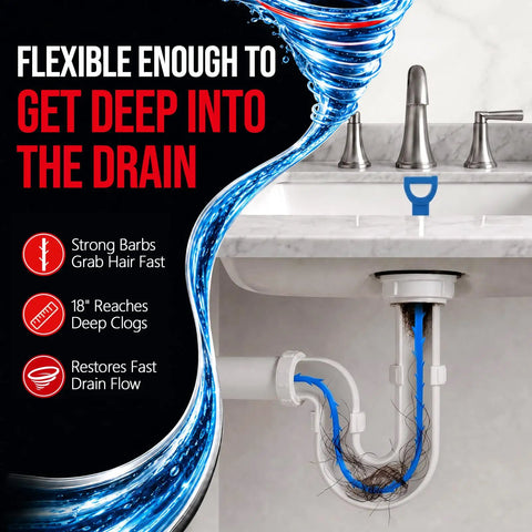 Kick Stubborn Sink Drain Clogs To The Curb With This Heavy Duty Shower Unclogging Tool That Yanks Out Tough Hair Plugs And Keeps Your Bathtub Flowing Smooth As Butter All Day Long; 18" drain snake showing barbed design in plumbing.