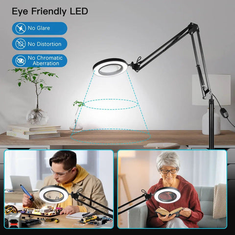 10X Magnifying Floor Lamp With Light And Stand 3 In 1 Hands Free Loupe for estheticians; adjustable height, dual color modes, clamp base