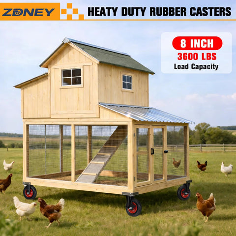 Chicken coop with heavy duty casters set of 4 with 8x2 inch solid rubber wheels and knobby tread, 3600 lbs load capacity