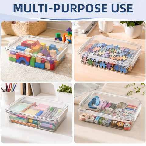 Two Pack Plastic File Storage Boxes With Lids And Latches filled with toys, puzzles, and office supplies, shown in multi-use settings