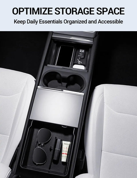 Four Piece Center Console Organizer Tray Set for Tesla Model Y Juniper 2025 2026 and Model 3 Highland 2024 2025 2026 interior view