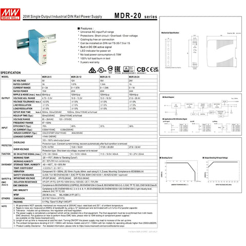 20W Single Output Industrial DIN Rail Power Supply specifications and diagrams for Heavy Duty 12 Volt Din Rail Power Supply 20 Watt Single Output Snap On Mount For Industrial Automation And Control Panels UL Certified.