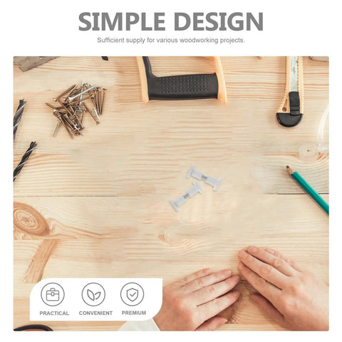 50 White Wood Panel Fasteners And Connector Bolts Kit For Cabinet And Tabletop Assembly on a wooden table with tools