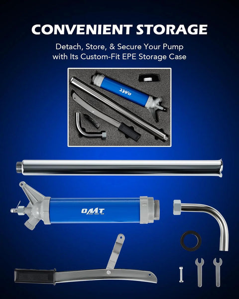 Orion Motor Tech blue lever-action barrel pump kit with chrome fittings; includes storage case and spout (front view).