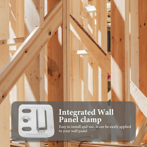 Image of a stainless steel wall panel clamp with wooden beams, part of 100 Piece Stainless Steel Wall Panel Clamps Buckles Fixing Kit.