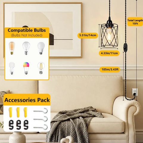 Sleek 15 Foot Plug In Pendant Light With Dimmable Black Metal Shade And Twisted Cord Zero Hassle Hook Up Industrial Ceiling Fixture for bedroom with yellow accessories.