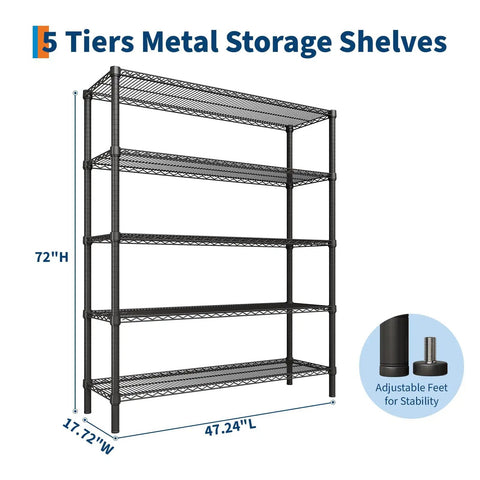 Heavy Gauge Five Tier Carbon Steel Shelving Rack With Reinforced Mesh Panels And Self Leveling Feet, 72"H x 47.24"L x 17.72"W.