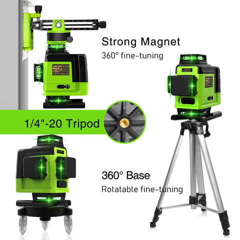 Floor And Wall Green Laser Level With 16 Lines, 360 Degree Spin, Self Leveling Cross Hair on tripod with magnetic mount