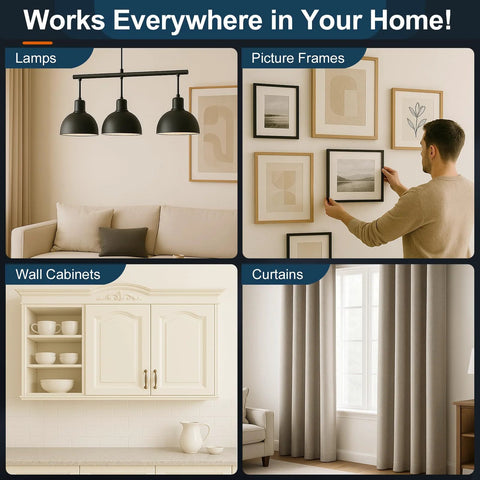 Various home settings showing uses of Self Drilling Drywall Anchors With Screws Set 160 Pcs Dual Size, including lamps and picture frames.