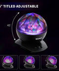 Aurora Borealis Light Projector with Remote, 8 Lighting Modes, Built In Speaker and Timer, showing 45° tilt feature.