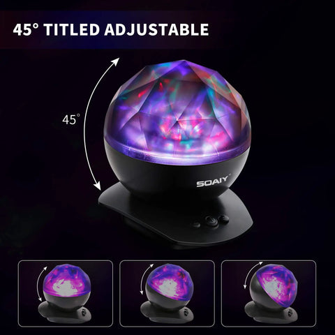 Aurora Borealis Light Projector with Remote, 8 Lighting Modes, Built In Speaker and Timer, showing 45° tilt feature.