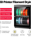 Keep Your Filament Dry To A T With This 3D Printer Humidity Control Box Featuring Dual Tier Racks And Smart Auto Dehumidifier Built For Home Shops. Display showing filament colors in a sealed drying cabinet.