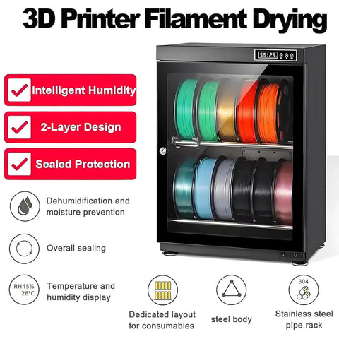 Keep Your Filament Dry To A T With This 3D Printer Humidity Control Box Featuring Dual Tier Racks And Smart Auto Dehumidifier Built For Home Shops. Display showing filament colors in a sealed drying cabinet.