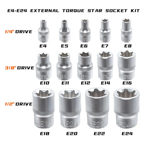 14-Piece E-Torx Socket Set For 1/4, 3/8, And 1/2 Inch Drives, External Torque E Socket Kit From E4 To E24, Female Star Sockets