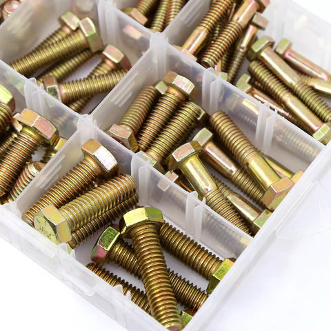 236 Piece Grade 8 Hex Bolt And Nut Assortment Kit With Flat Washers Cast From Premium Alloy Steel, bolts in a plastic organizer.